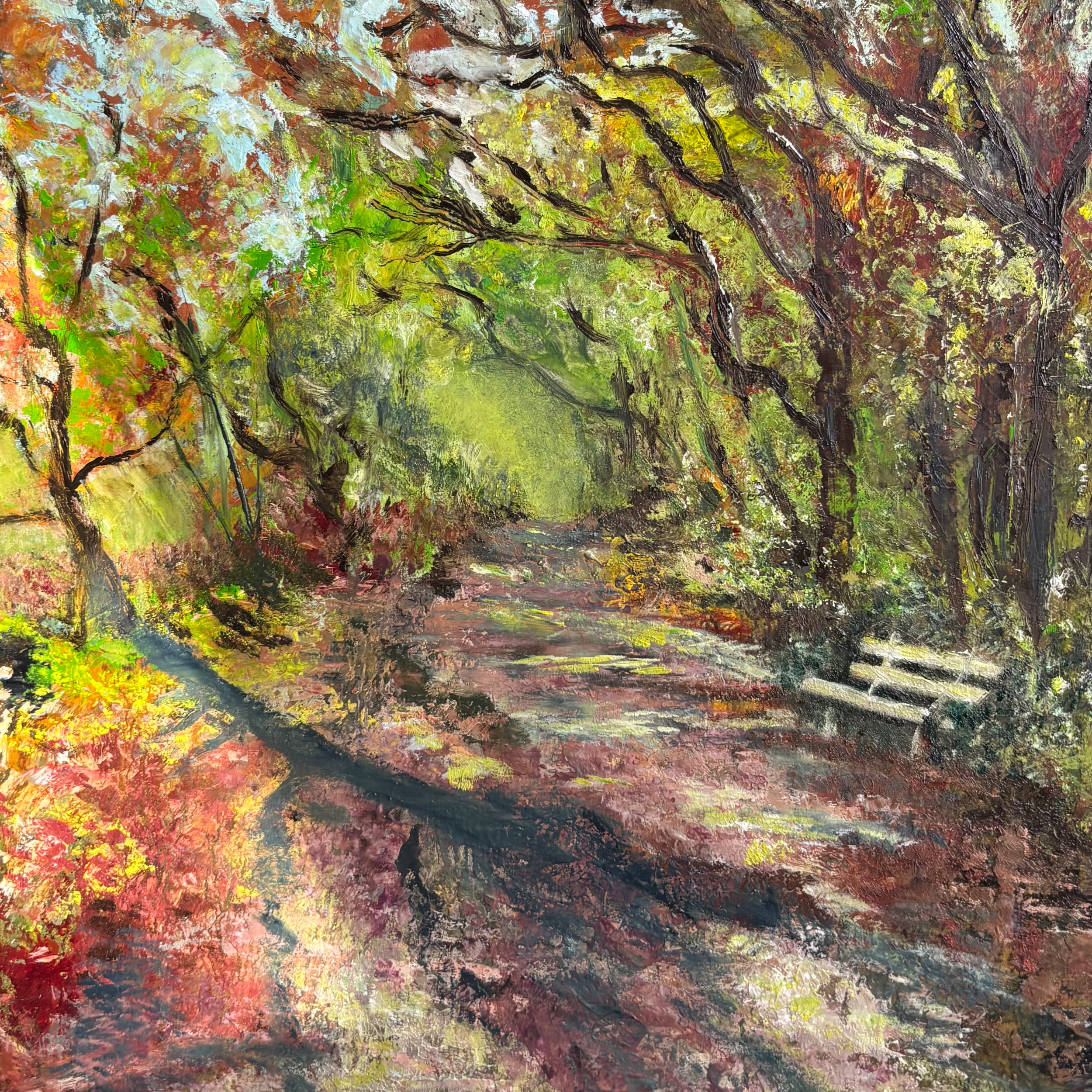 Waking through Winter light.
Oil on 30x30cm wood in a white wooden tray frame. £325