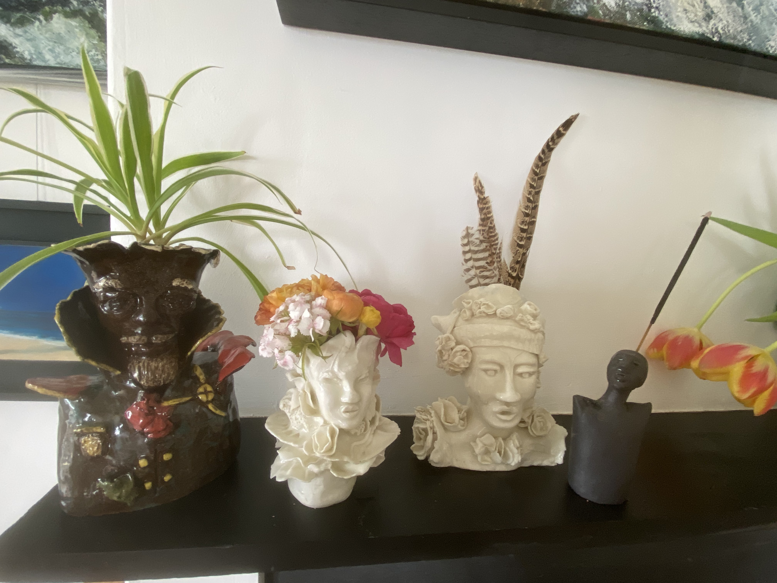 Pot head vases in from left to right 
Terracotta The Colonel.  
Porcelain Queenie:
 Porcelain Roots: 
£150 each 
