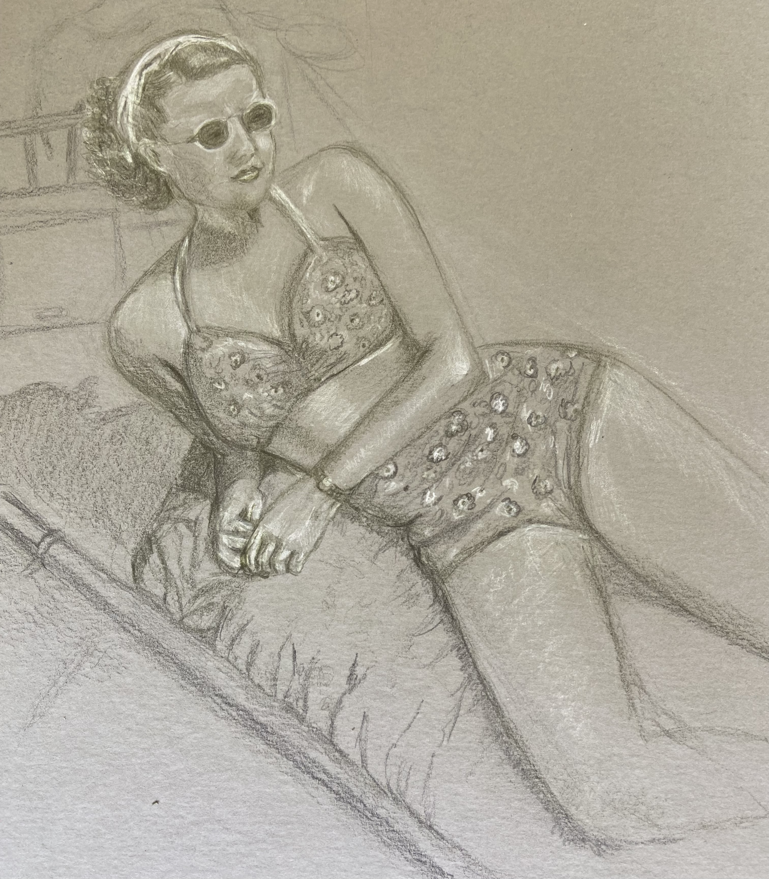 Marian 50s bathing bell. Pencil on paper.Ltd edition signed print on Somerset 350g paper 30x30cm £100+ postage