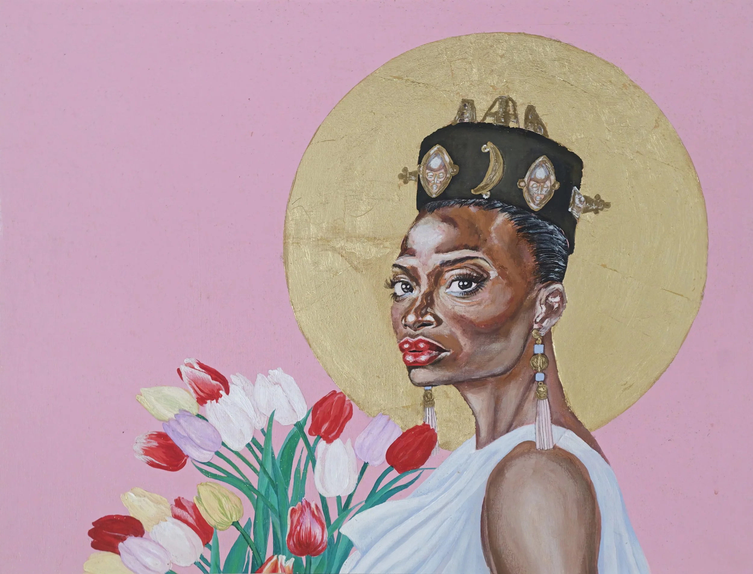 DAME AUX TULIPES
 40 CM X 60 cm 
 Acrylique sur toile, feuilles dorées,

LADY WITH THE TULIPS
40 CM X 60 CM
Acrylic on canvas, gold leaves.
