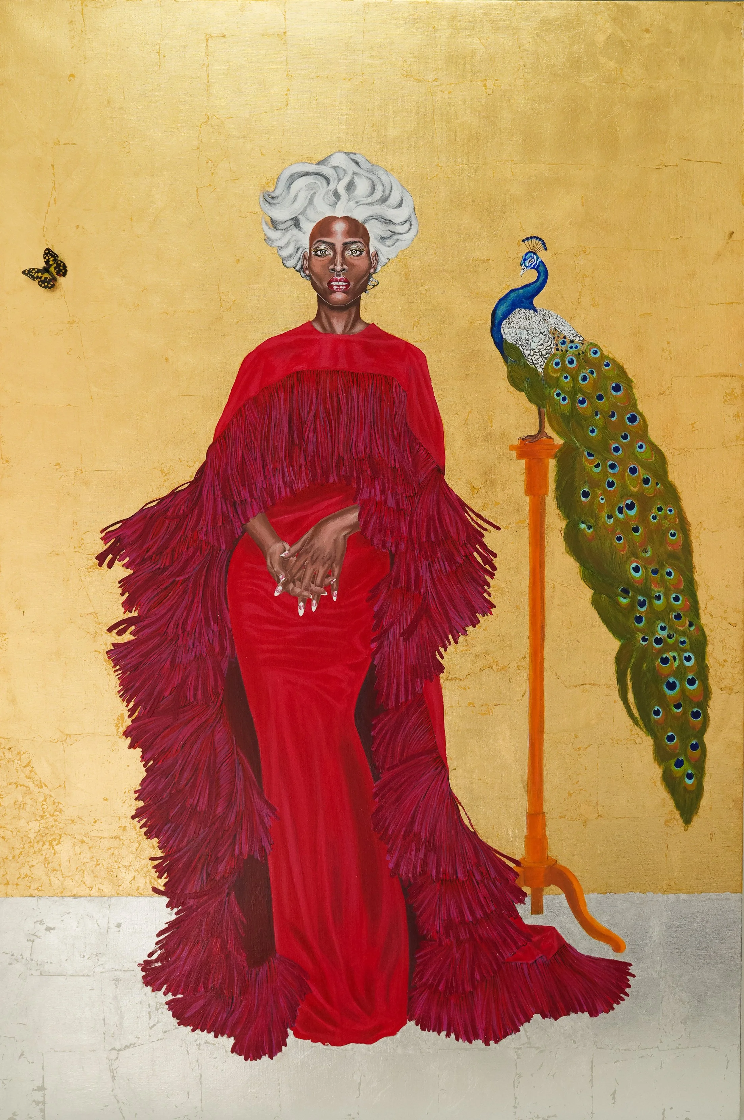 LA DAME AU PAON

  130 cm x 195 cm 
Peinture Acrylique , peinture à huile, 
 craie grasse, feuilles dorées et feuilles argentées sur toile.

THE LADY WITH THE PEACOCK OR VANITY
130 cm x 195 cm
Acrylic paint, oil paint, oil pastel, gold leaf and silve