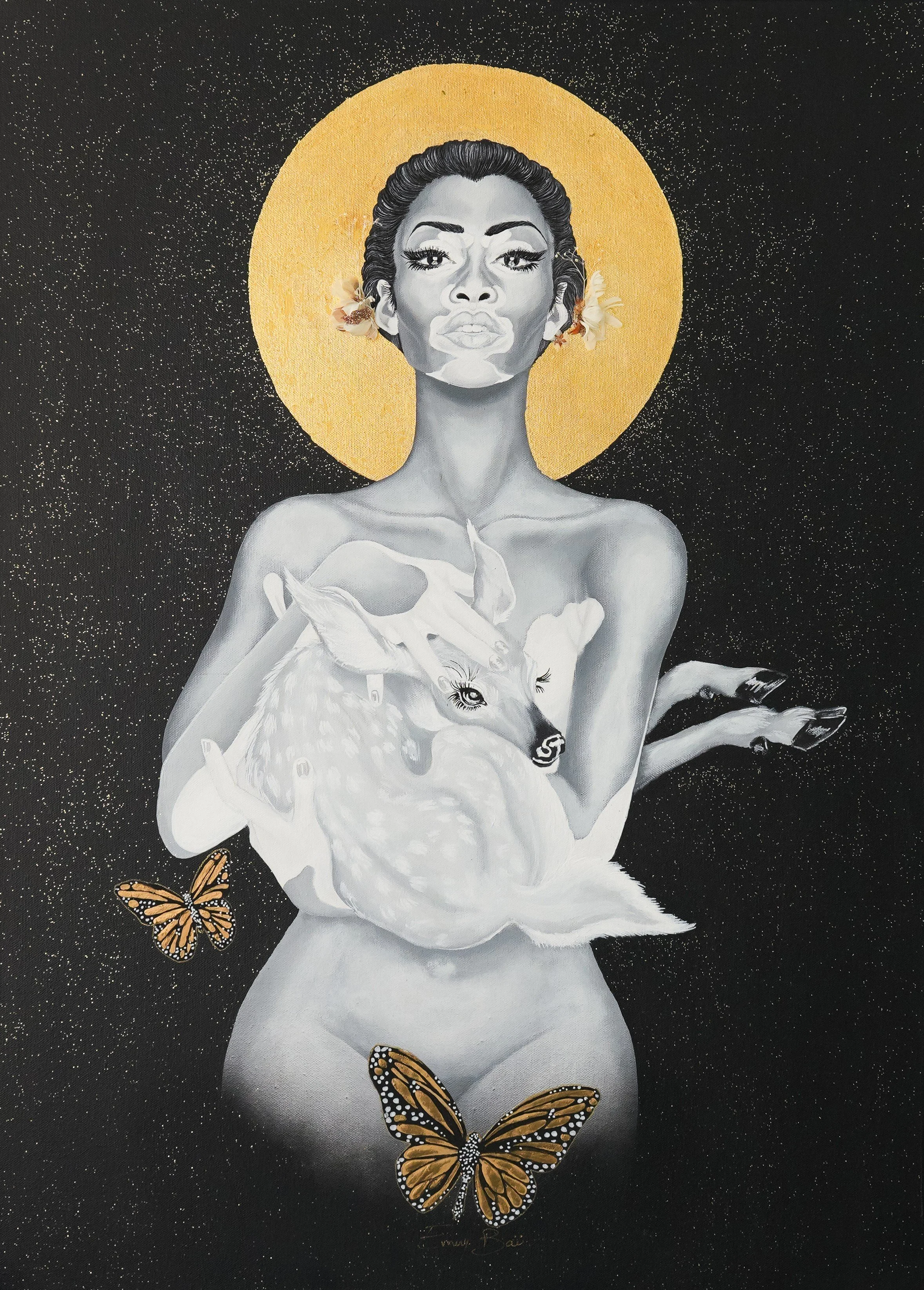 GRACE
 60 X 90 CM
ACRYLIQUE SUR TOILE, FEUILLES DORÉES,GEL PAILLETÉ, PLUMES

ACRYLIC ON CANVAS, GOLD LEAF, GLITTER GEL, FEATHERS