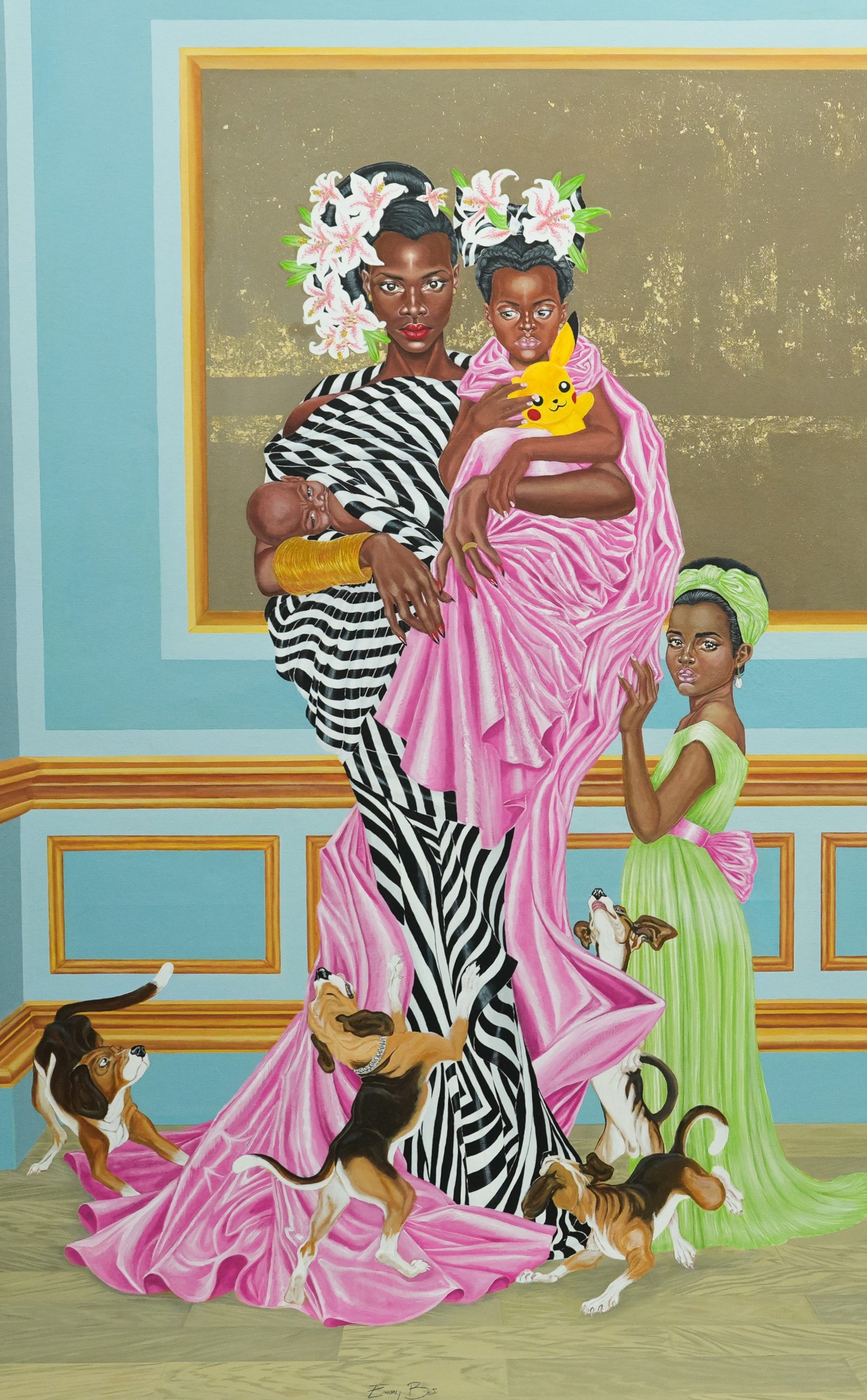 LA PHOTO DE FAMILLE OU LA JALOUSIE
130 CM X 195 cm 
PEINTURE Acrylique , peinture à huile, feuilles dorées, sur toile

THE FAMILY PHOTO OR JEALOUSY
130 CM X 195 CM
Acrylic paint, oil paint, gold leaf, on canvas.