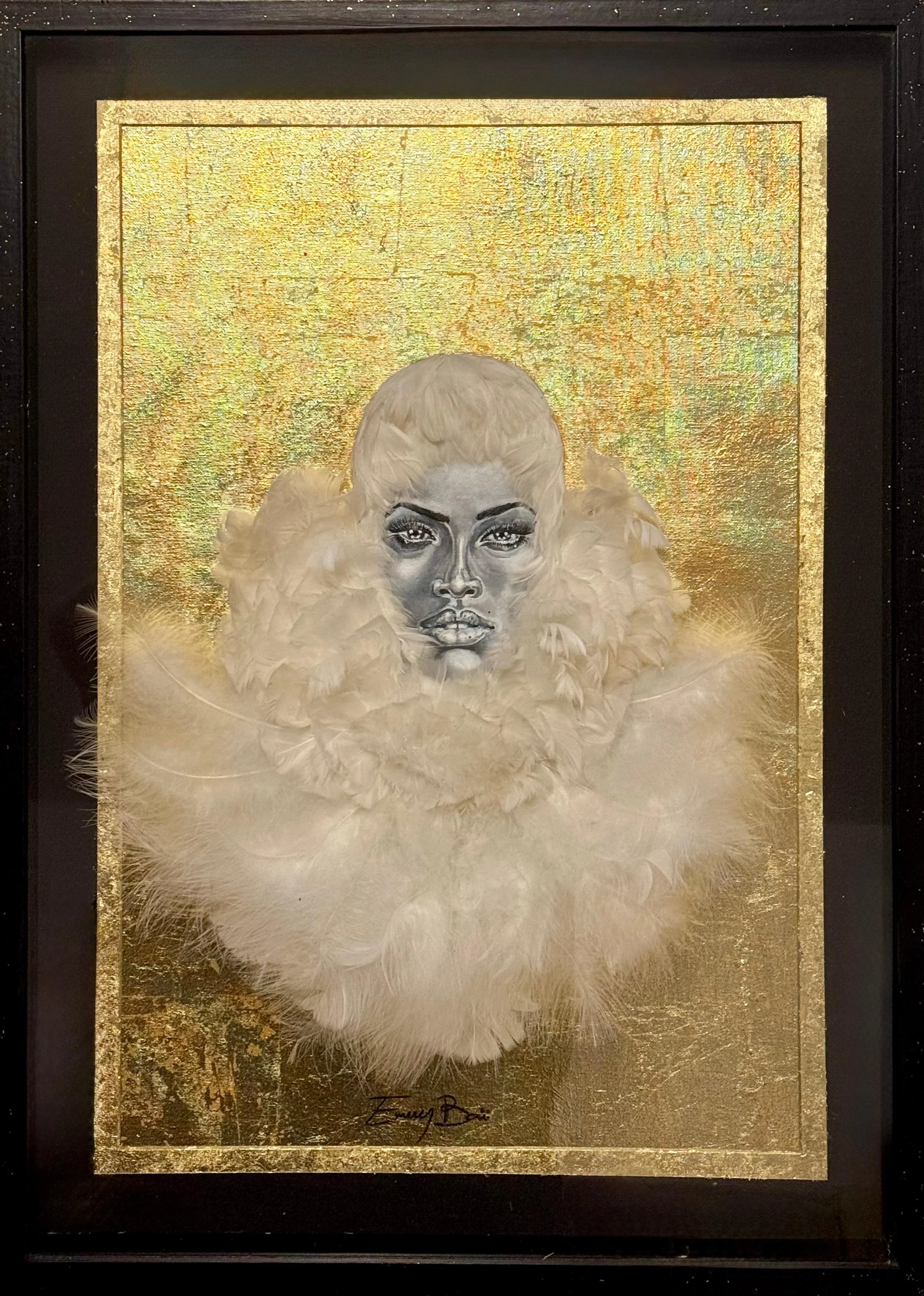 MON TRUC EN PLUMES
40 CM X 60 CM 
Acrylique sur toile, feuilles dorées, PLUMES


MY FEATHER THING
40 CM X 60 CM
Acrylic on canvas, gold leaf, FEATHERS