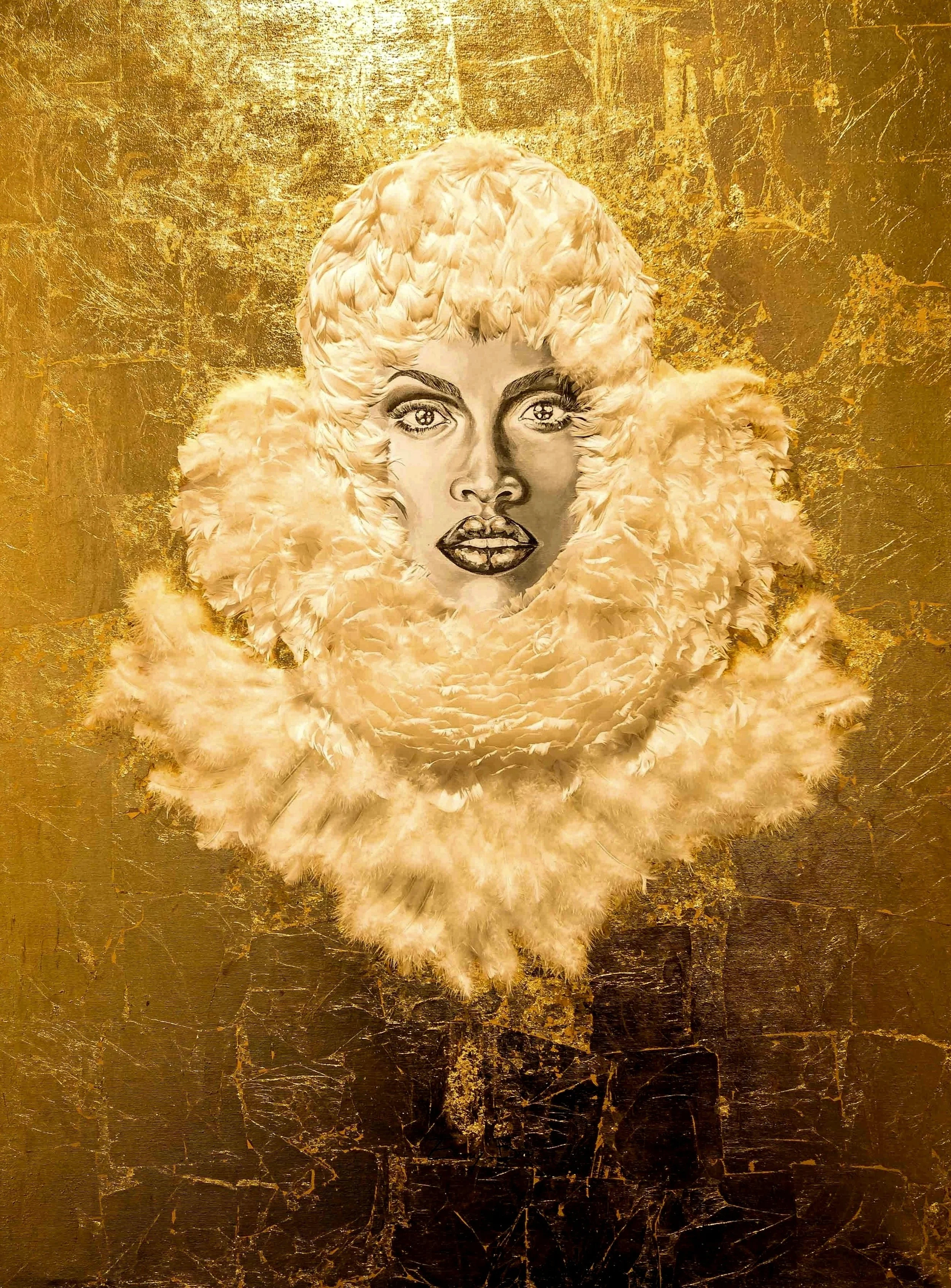 MON TRUC EN PLUMES
90 CM X 130 CM 
Acrylique sur toile, feuilles dorées, PLUMES

MY FEATHER THING
90 CM X 130 CM
Acrylic on canvas, gold leaf, FEATHERS