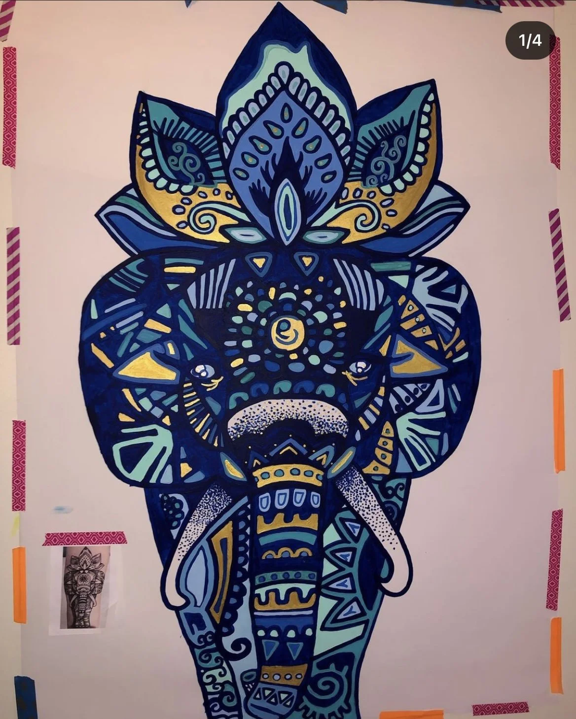 Mandala navy elephant tattoo for a client 3.5'x1.5'ft (SOLD)