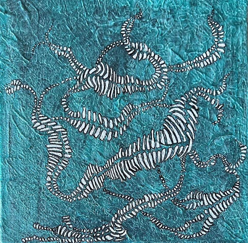 Fossil. 4 x 4. Acrylic and pen on tiny canvas.