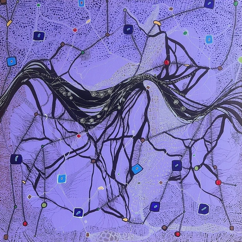 Untangling. 40 x 40. Acrylic  and pen on canvas.