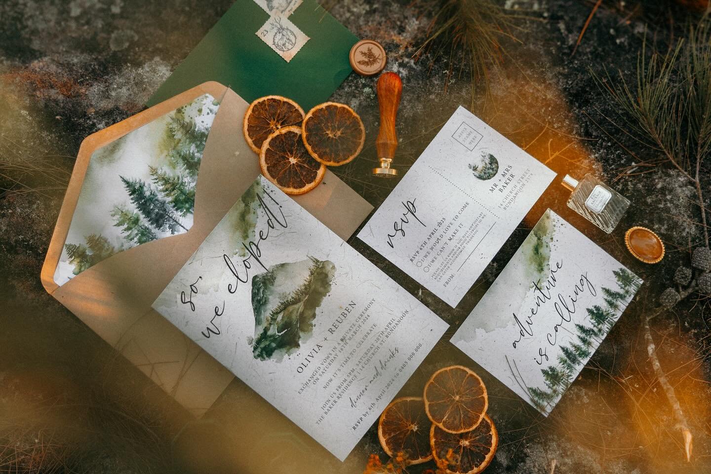Wild + Free 🌲 Invitation suite beautifully printed on recycled paper! If you&rsquo;re looking for unique invitations and stationery, we&rsquo;ve got you covered. Visit our website (link in bio) to explore our collection!

📷 @wildriverweddings @wild
