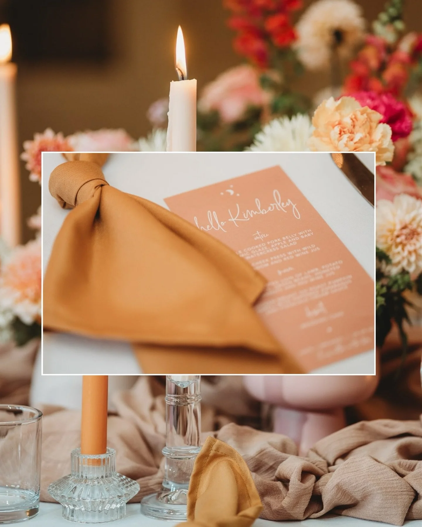 Menu cards&hellip; Not just something your guests read - something they arrive to. A name, a place, a little welcome waiting at their seat.

Doubling as place cards, adding that layer of colour, tying in with your florals, your linens, your whole sto