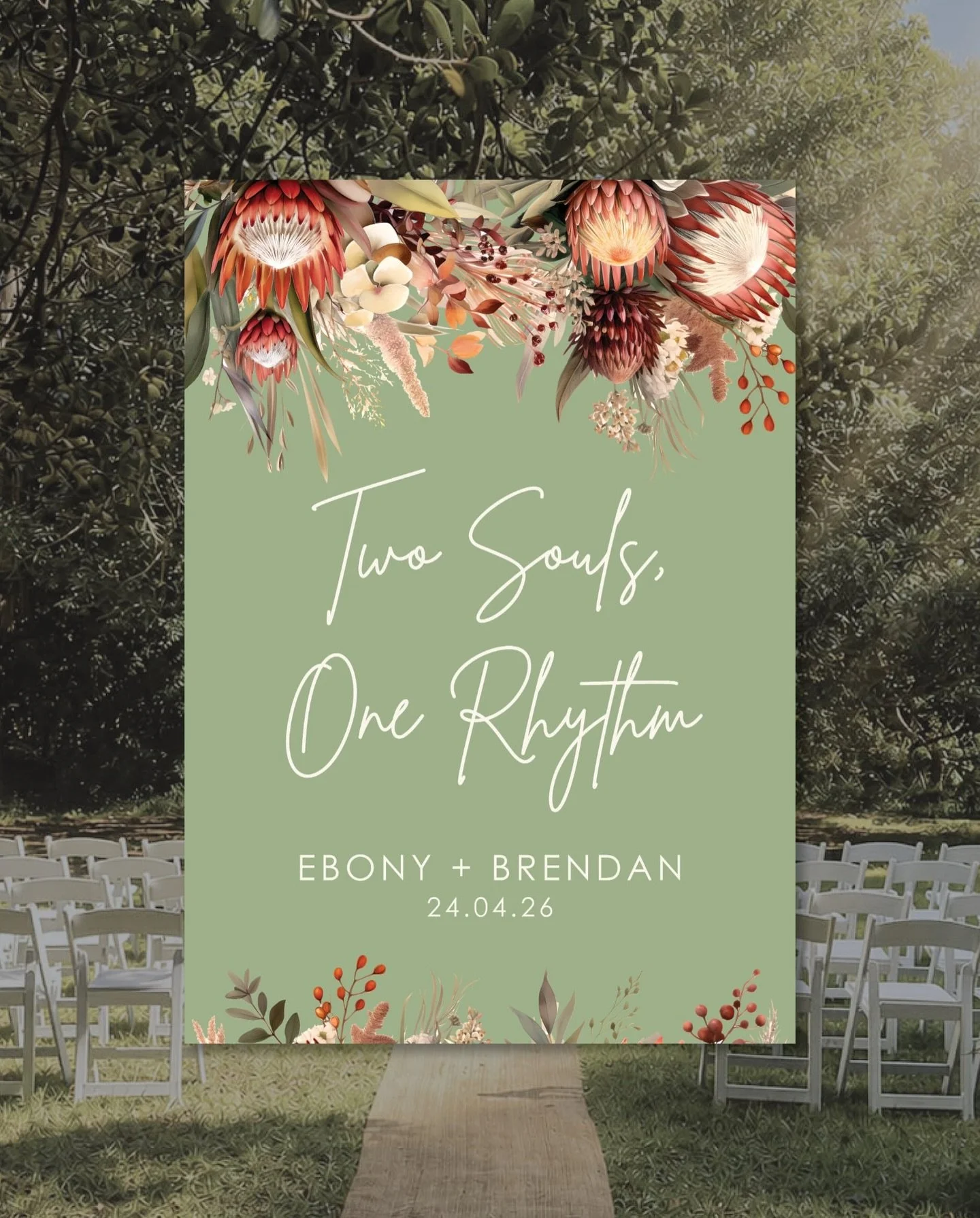 Two Souls, One Rhythm&hellip; Custom signage to match Ebony and Brendan&rsquo;s native floral arbour and soft sage colour palette!