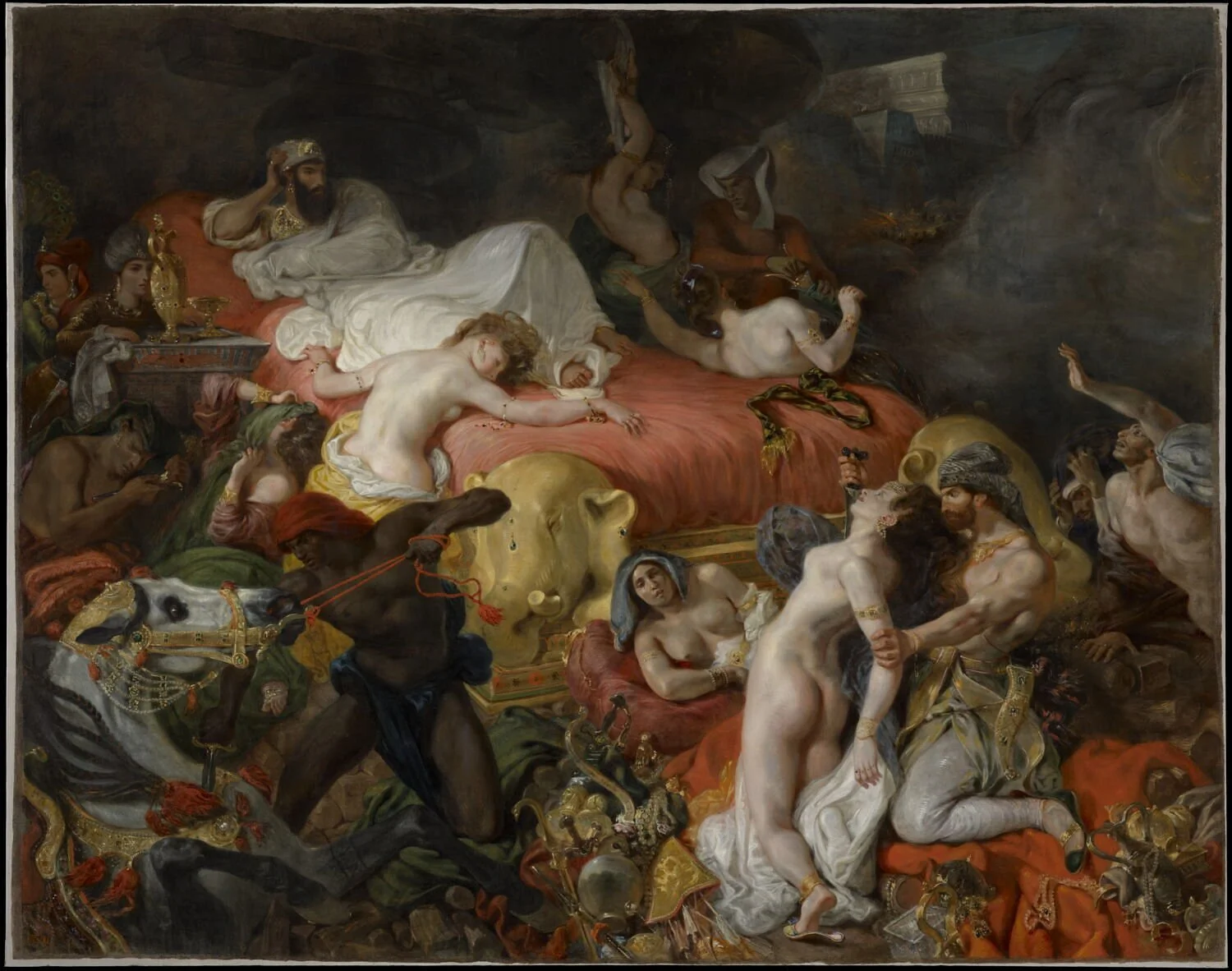 Eugène Delacroix’s The Death of Sardanapalus (1827) at the Louvre, a dramatic Romantic painting with rich reds, figures and deep shadows illustrating the expressive use of colour in art.