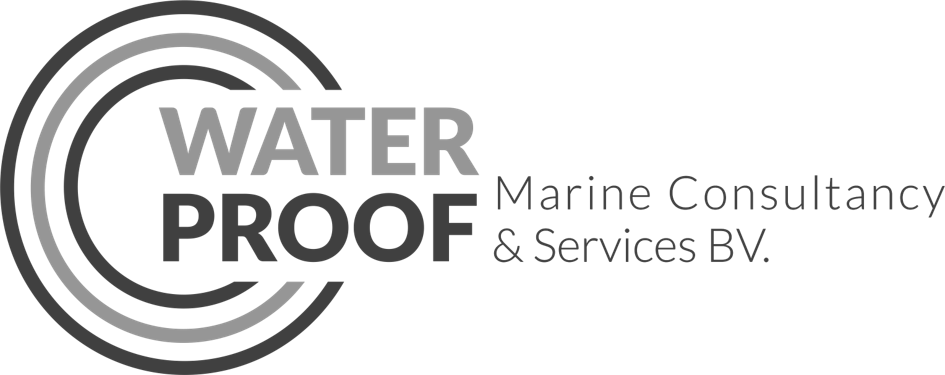 Logo for Waterproof Marine Consultancy & Services BV with circular wave design.
