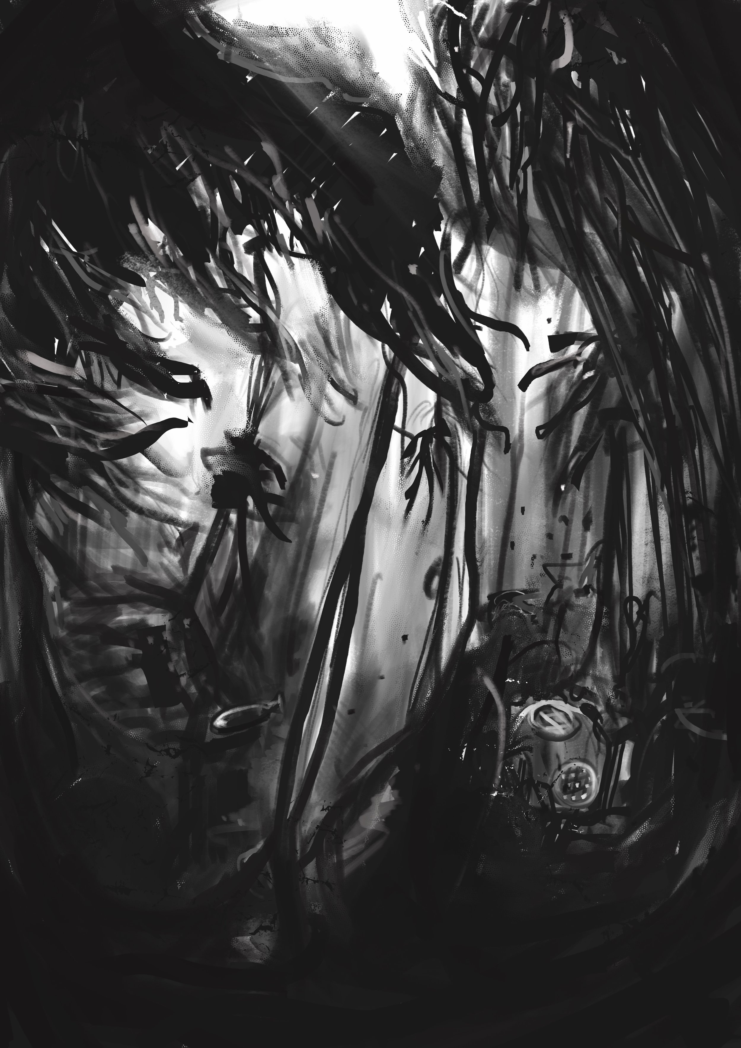 A black and white abstract drawing of a campsite scene featuring a tent, trees, a campfire, and a fox visible in the background, with dense foliage.