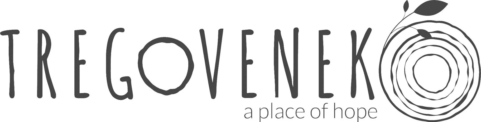 Logo with the words 'Tree Govenek' and the tagline 'a place of hope' with a circular tree ring design and a small leaf branch.