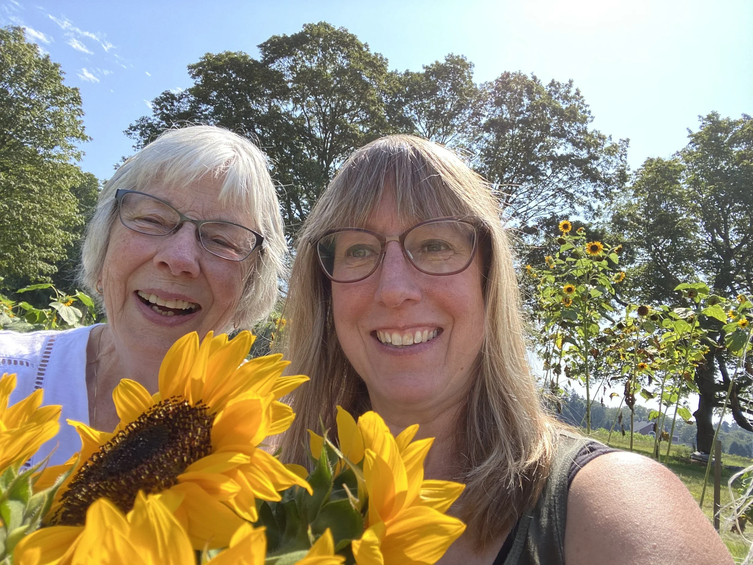 Carolyn Whipple Fraser smiling with her mother while holding fresh sunflowers at Whipple Bee Flower Farm in Marblehead, Massachusetts.