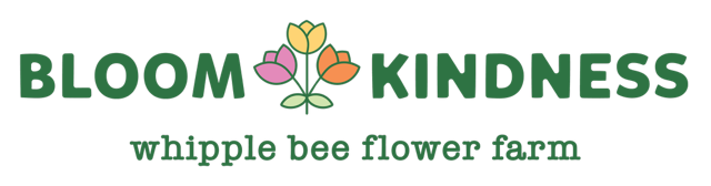 Bloom Kindness logo for Whipple Bee Flower Farm in Marblehead, Massachusetts, featuring three colorful tulip illustrations symbolizing community, gratitude, and local blooms.