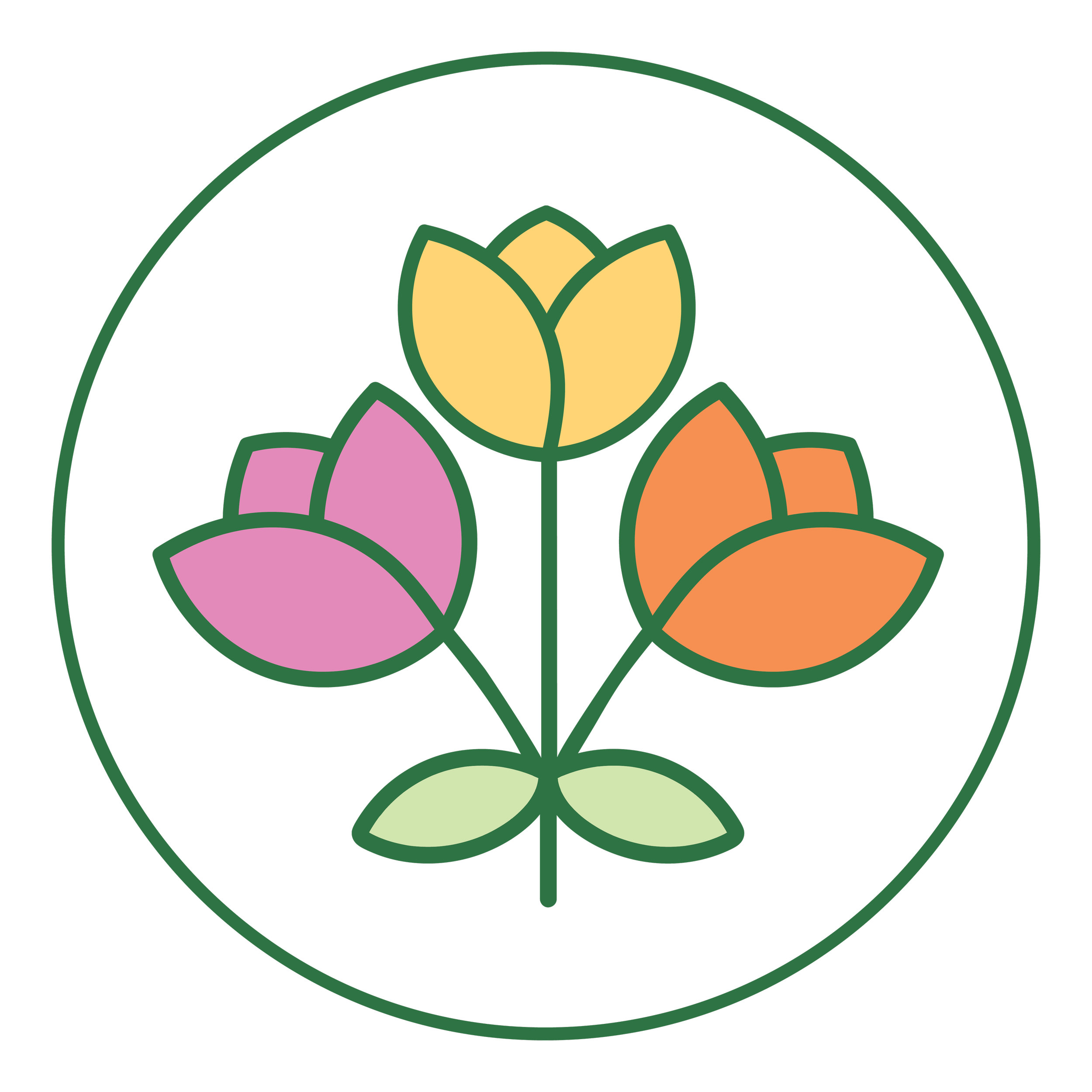 A stylized logo of three colorful flowers with yellow, pink, and orange petals within a green circle.