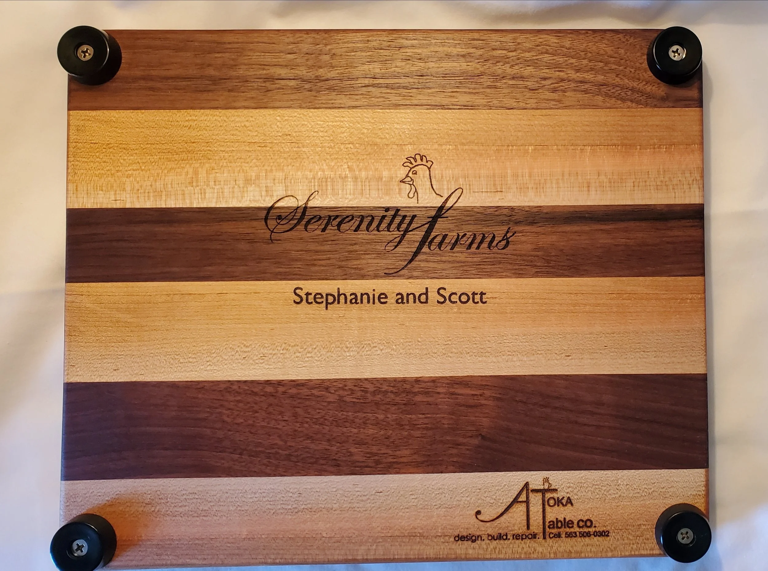 
Sandwich Size Cutting Board with "Serenity Farm" Logo Laser-etched for Stephanie and Scott