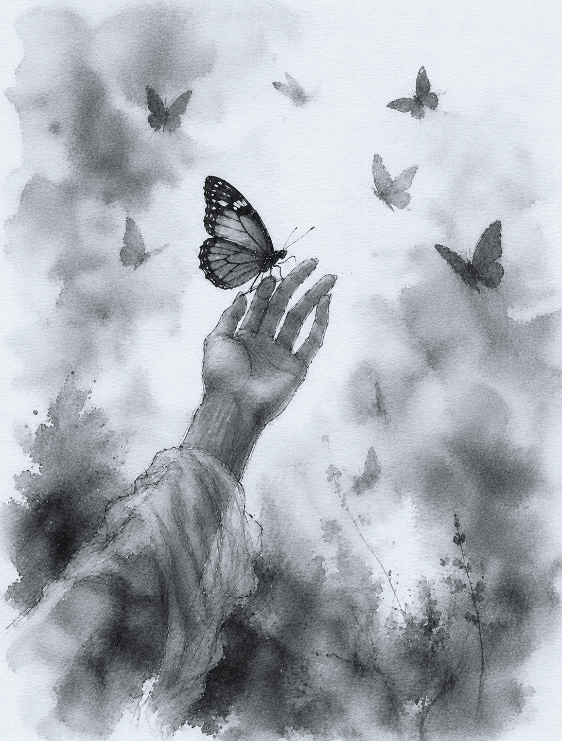A black and white watercolor-style illustration of a human hand reaching upwards, with a butterfly resting on the fingers, surrounded by several more butterflies flying in the background amid abstract foliage.