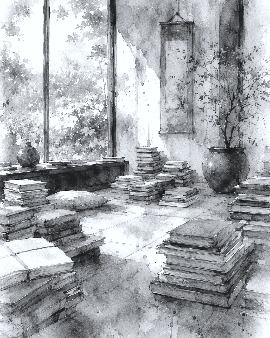 A black and white watercolor illustration of a cozy room filled with stacks of books, large window with trees outside, a large vase with a leafy plant, a pillow on the floor, and wall decorations.
