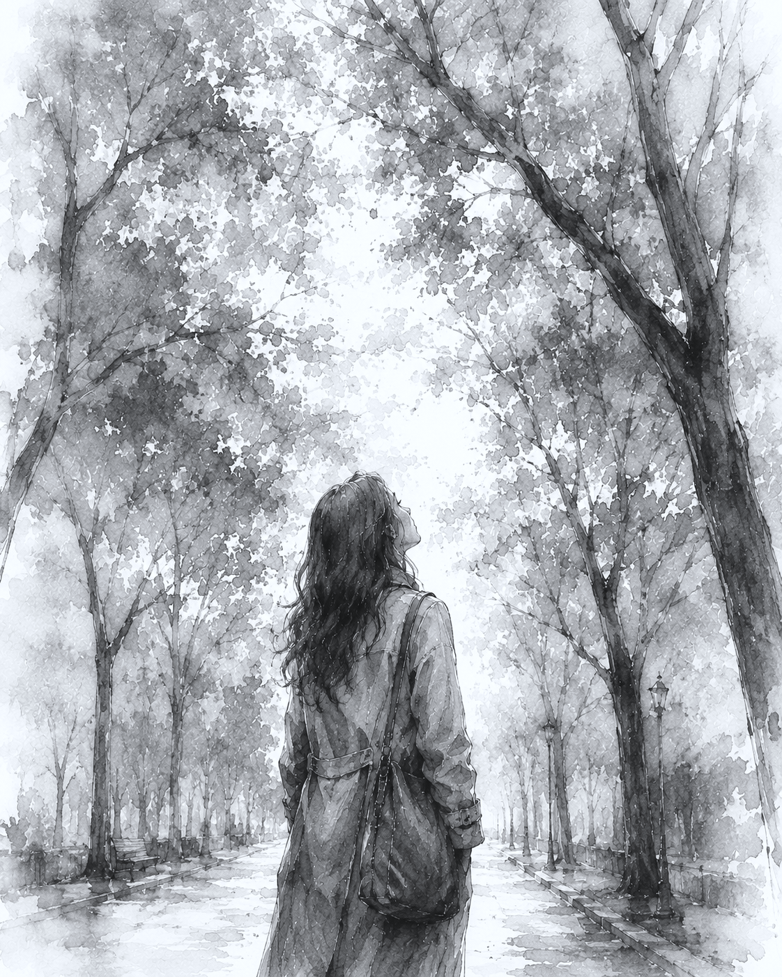A woman with long hair walks down a tree-lined path, looking up at the trees and sky, in a grayscale watercolor style.
