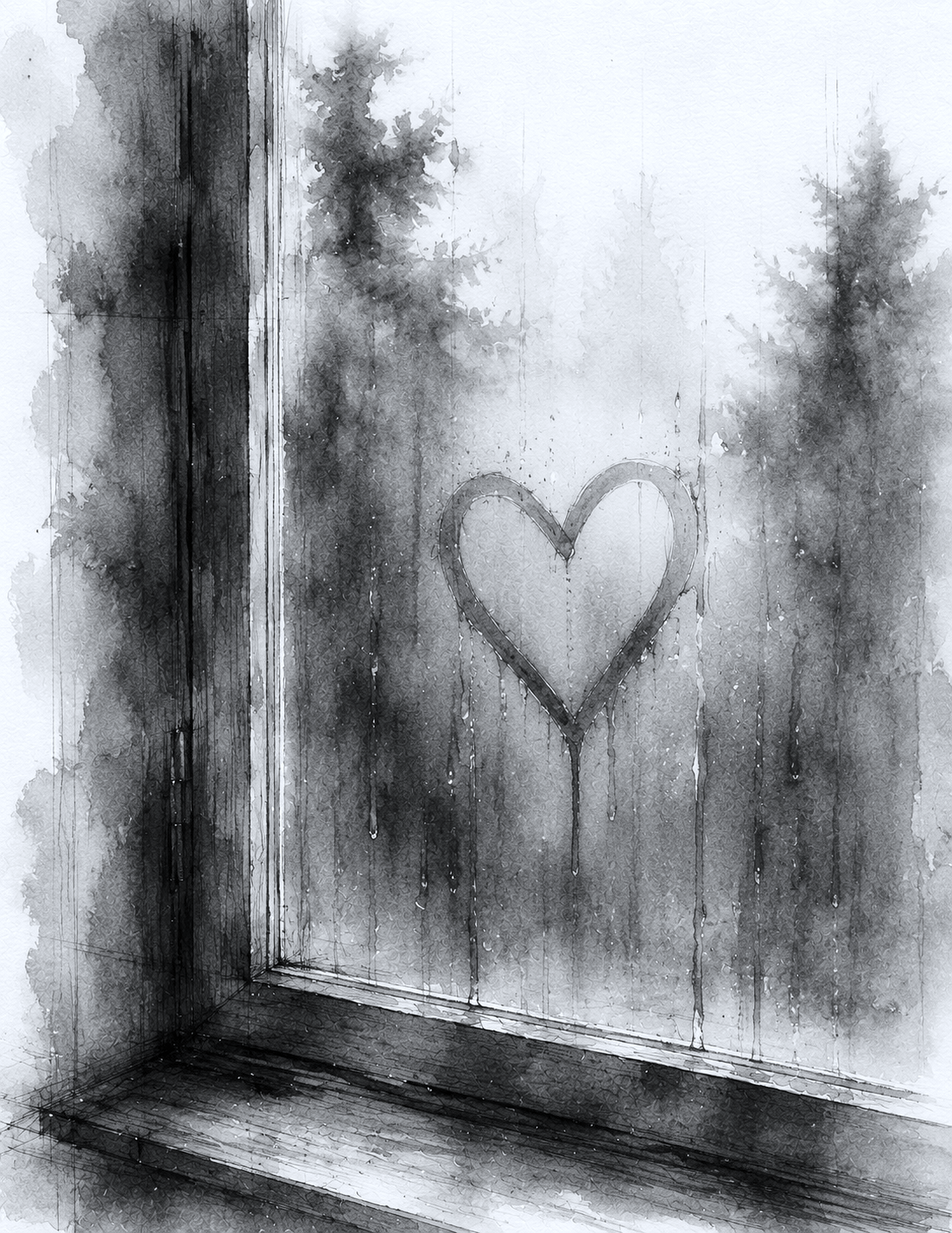 Black and white watercolor painting of a rain-covered window with a heart drawn on the glass, and trees visible outside.