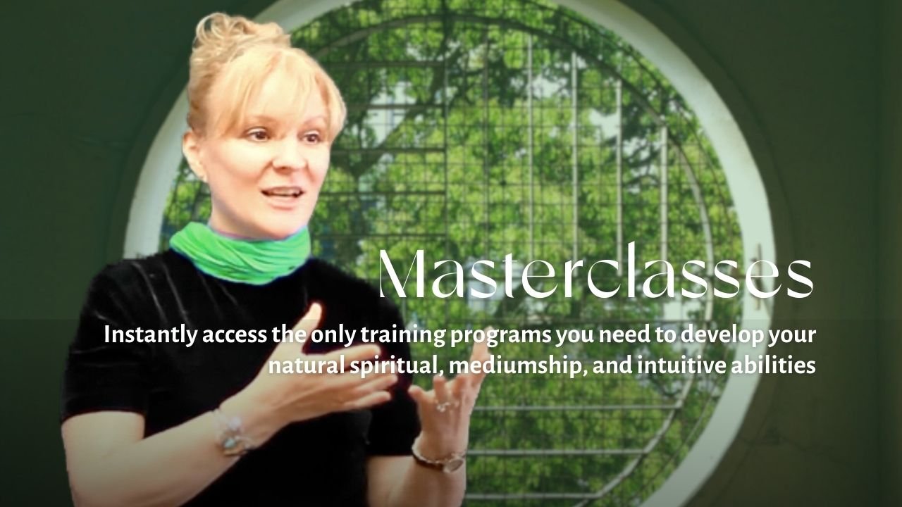 A fantasy landscape featuring a castle in the distance, a hot air balloon in the sky, and a large stone hand, with green mountains and mist in the background, promoting a spiritual development masterclass.