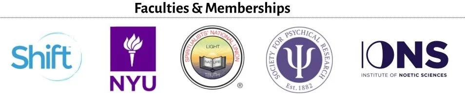 Logos of five faculties and memberships: Shift, NYU, Spiritualists' National Light, Society for Psychological Research, and Institute of Noetic Sciences.