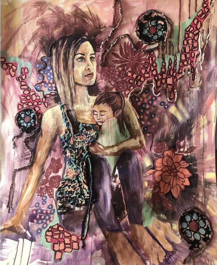 Self portrait with my inner child. 3' x 4'. Gouache on paper.