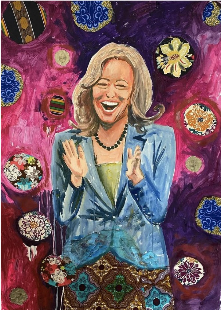 Kamala Harris. 3' x 4'. Gouache and textiles on paper.