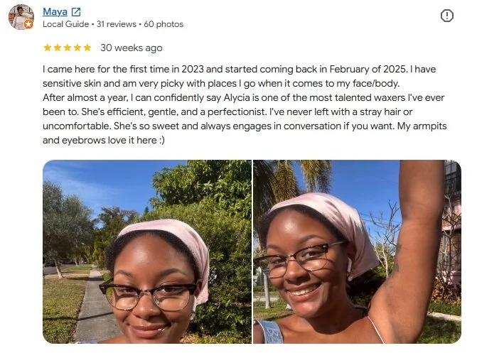 Client review of sugar south armpit waxing with photos.