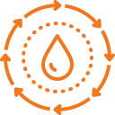 An orange circular icon with dotted and solid lines, a drop shape in the center, and arrows indicating a cycle or motion around the drop.
