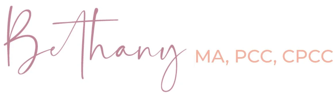 Text reading 'Be Thany MA, PCC, CPCC' in stylish, pastel-colored font.