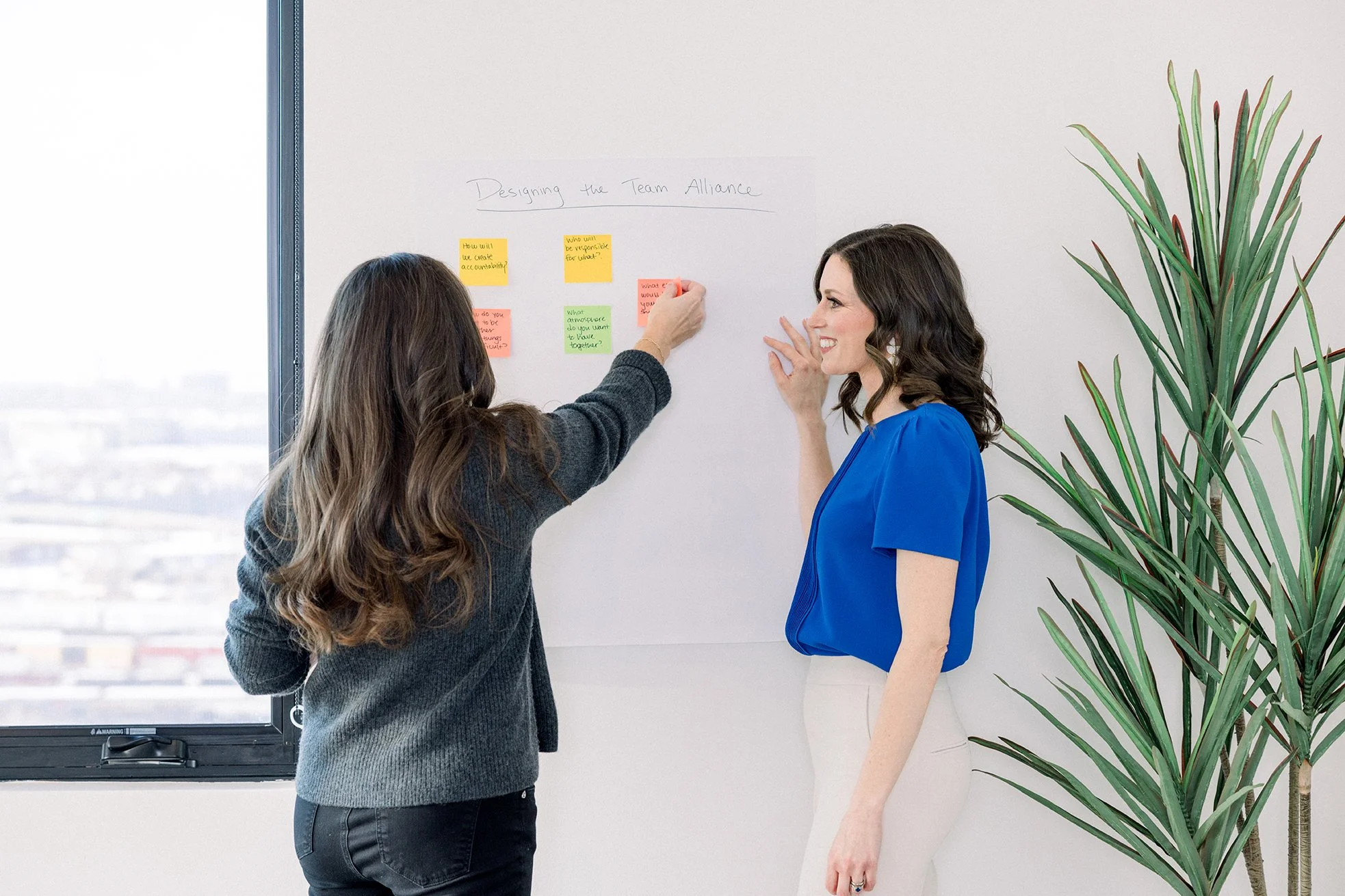 Two women, one with long brown hair in a gray sweater and black pants, and the other with shoulder-length dark hair in a blue top, are standing in front of a whiteboard. The woman in the gray sweater is attaching colorful sticky notes to the whiteboard, which has a handwritten title 'Designing the Team Alliance'. There is a tall green plant on the right side of the image near a window.