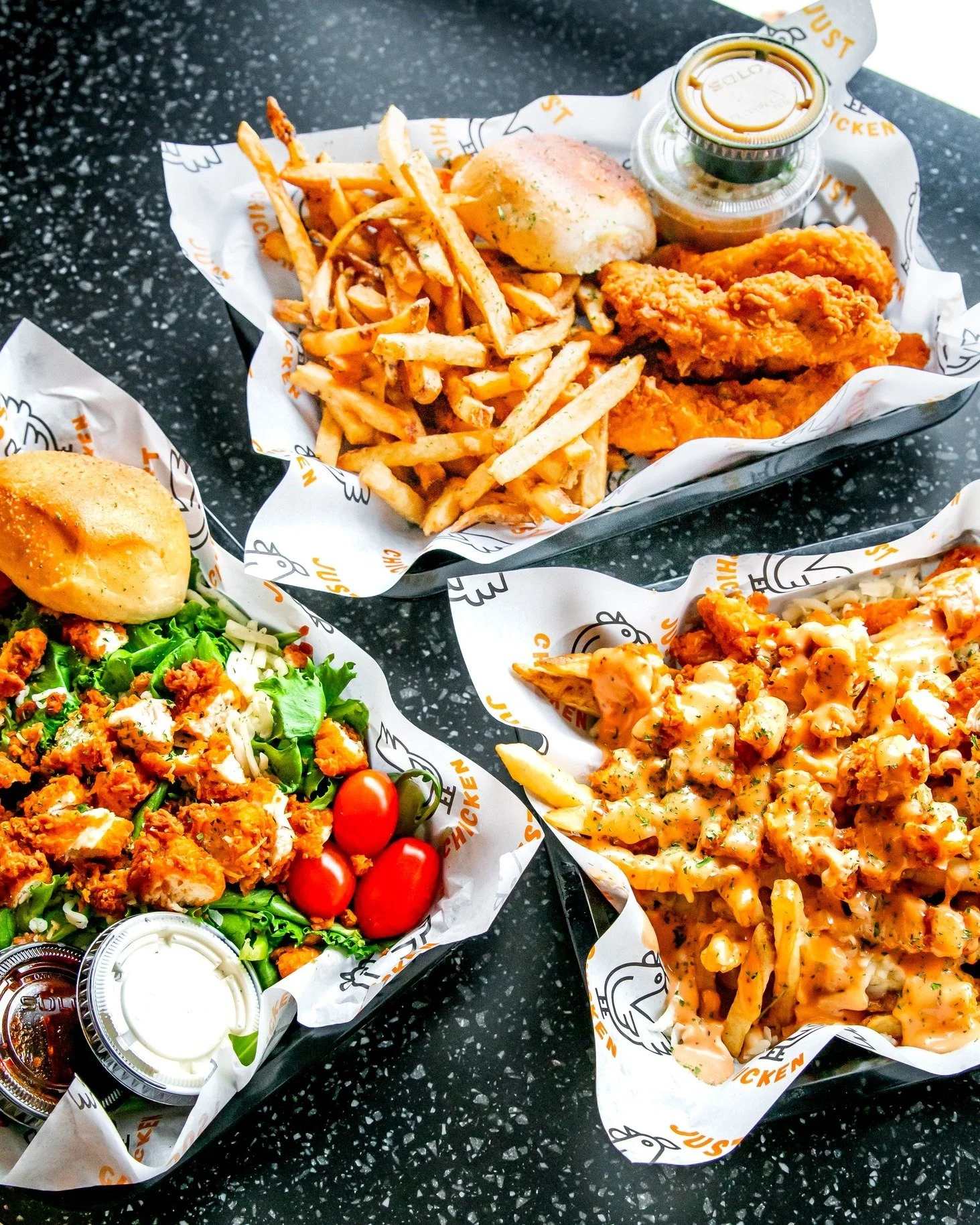 Crispy chicken tenders, fresh-cut fries, and our fan-favorite Just Loaded Fries. All made fresh and stacked with flavor 

Whether you&rsquo;re here for the crunch, the sauce, or the comfort, Just Chicken always delivers.

Which one are you grabbing f