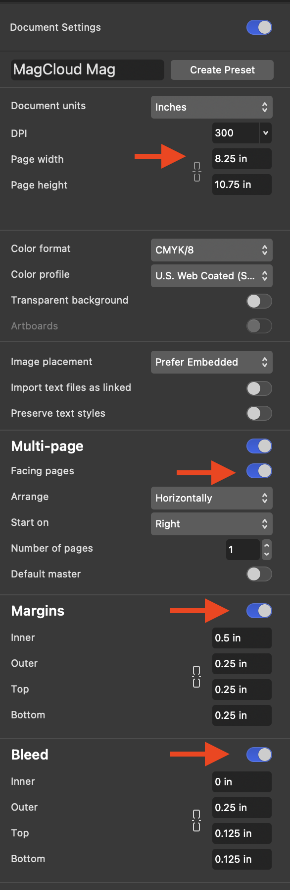 Affinity Document Creation Panel