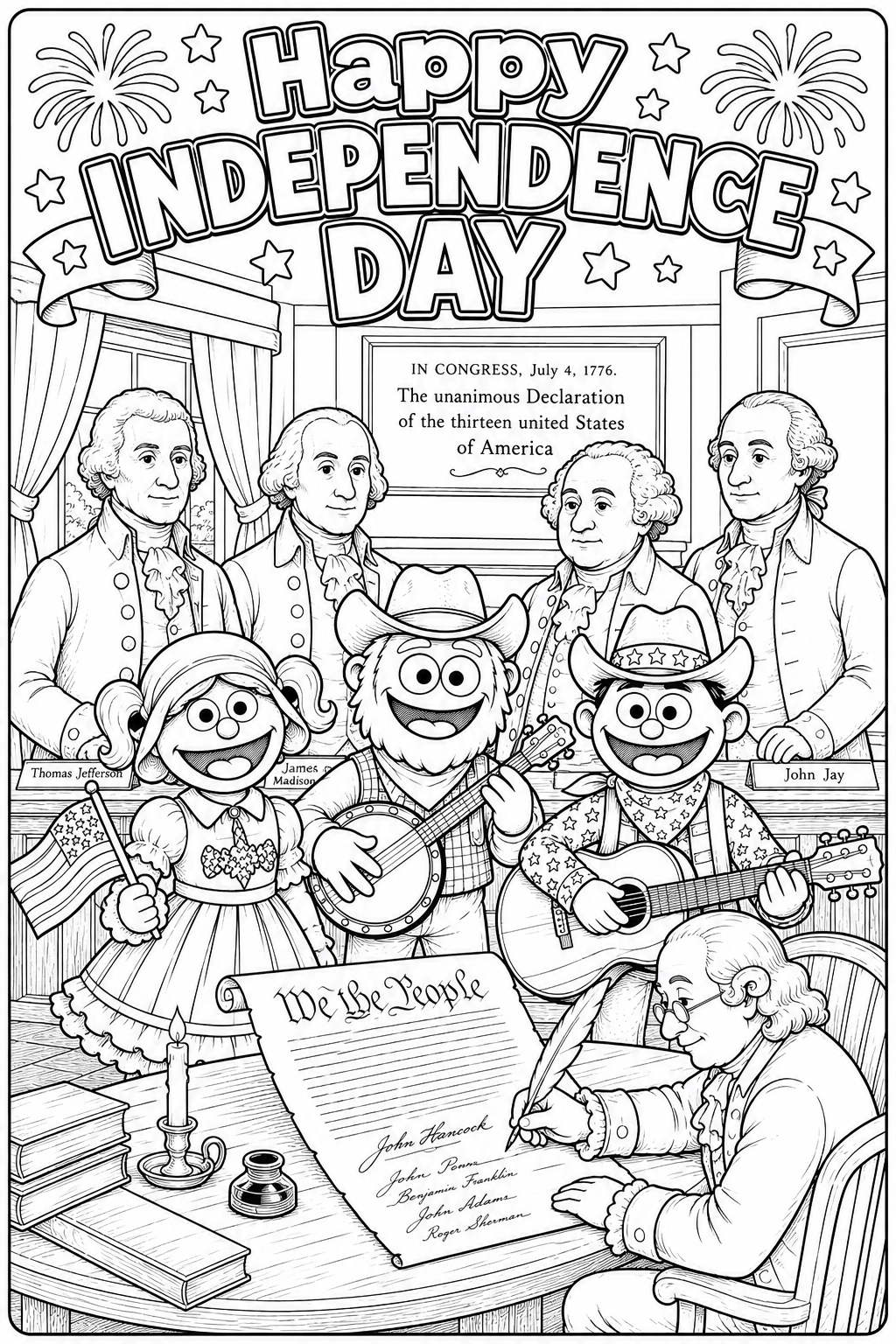 Happy Independence Day Vertical Coloring Page (Free)
