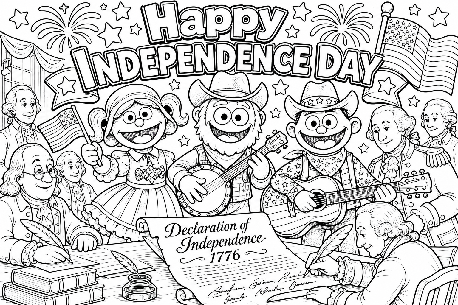 Happy Independence Day horizontal Coloring Page (Free)