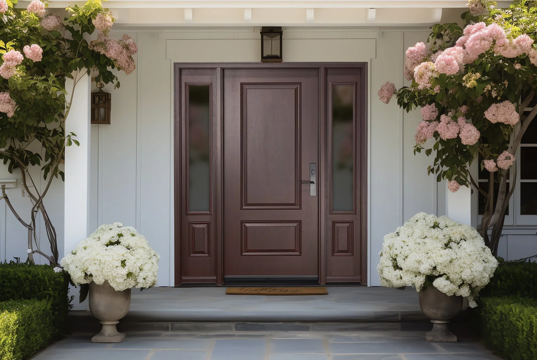 Front porch of a house with a brown door, white flower arrangements in large planters, and pink flowering trees on either side.