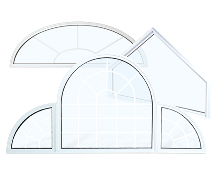 A window with multiple arched glass panes in a geometric pattern.
