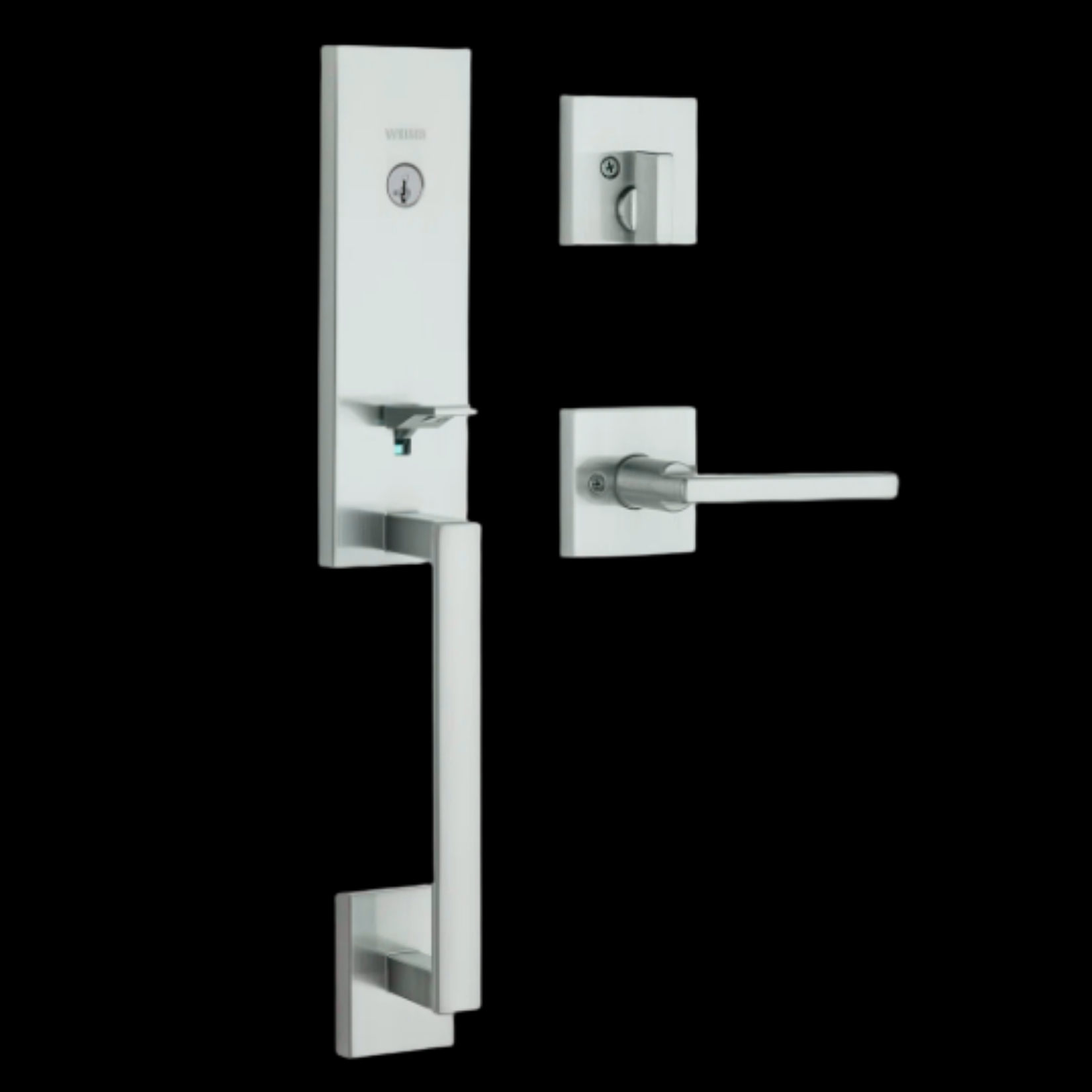 A modern door lock set with a vertical handle, a separate smaller lock with a lever, and a square deadbolt on a black background.