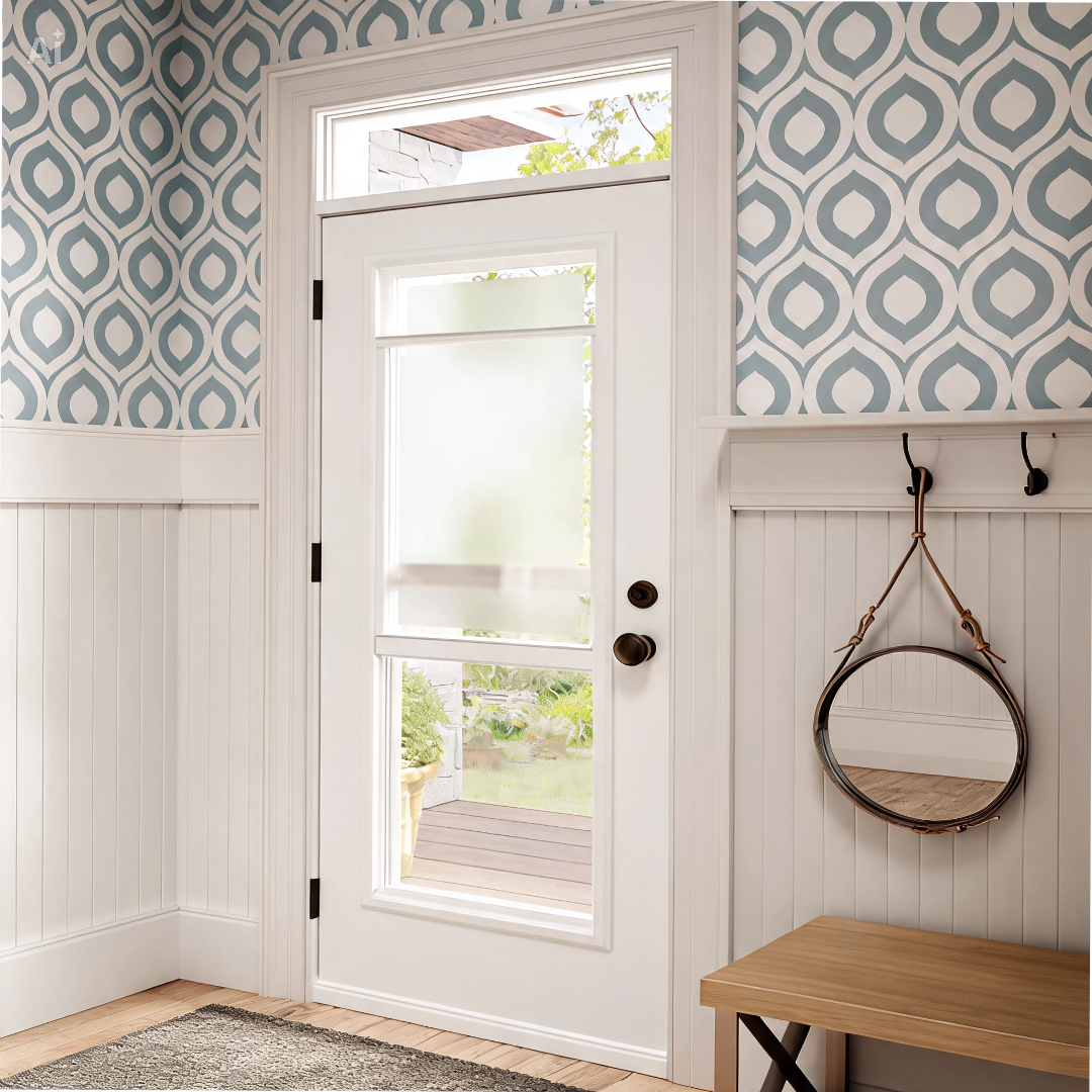 Interior view of a door with glass panels leading outside, with patterned wallpaper, wainscoting, hooks with a circular mirror, a wooden bench, and a view of a porch and garden outside.