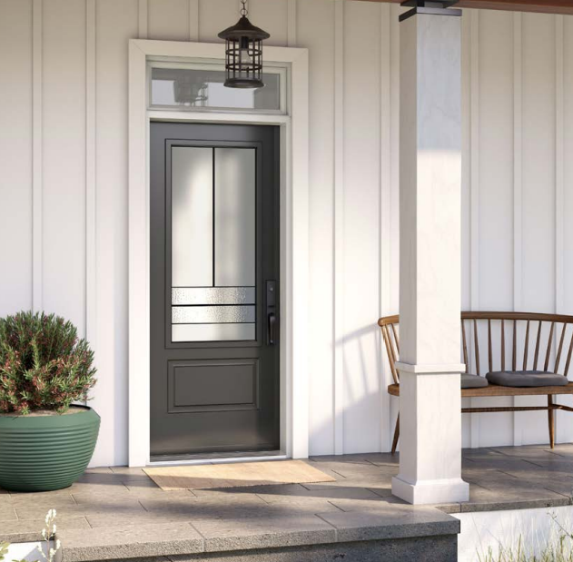 Front porch with a black door, potted plant, and wooden bench.