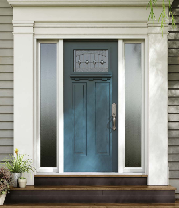 Front view of a house with a blue door featuring a decorative glass window, sidelights with frosted glass, and potted plants on the porch.