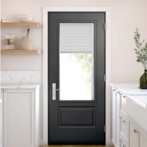 Interior view of a door with a window, featuring a half-open white window blind, in a modern kitchen with white cabinets, a marble countertop, and a decorative plant.