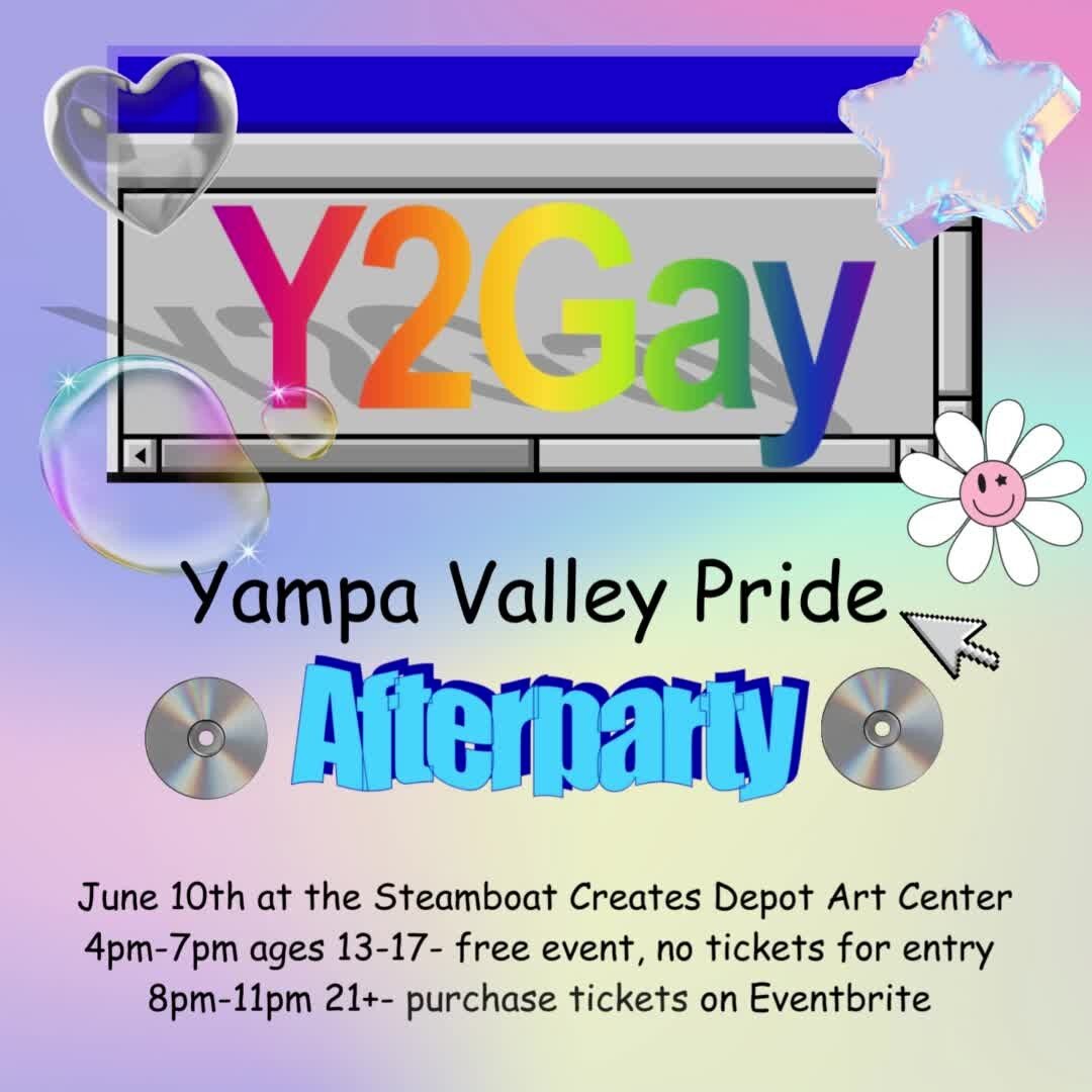 Announcing the Yampa Valley Pride 2023 official afterparties at the @steamboatcreates Depot Art Center! Youth (ages 13-17) afterparty from 4pm-7pm will feature a photobooth, music, food, and activities! Adult (21+) afterparty from 8pm-11pm featuring 