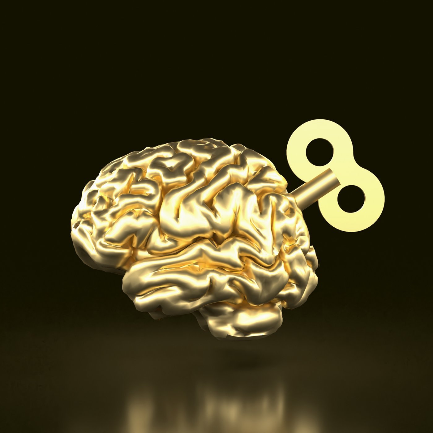 A golden brain with a wind-up key