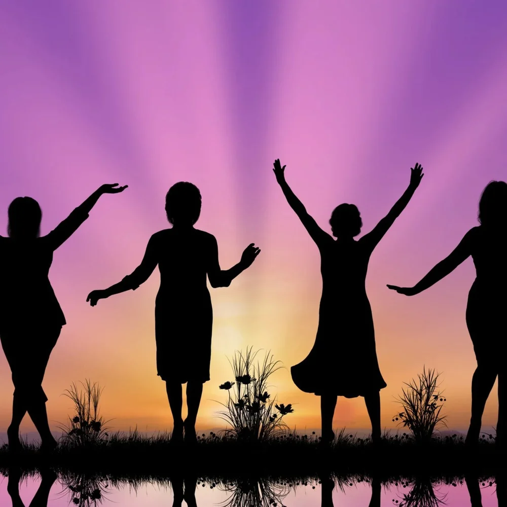 Silhouettes of four women dancing with arms raised against a purple and gold sunrise