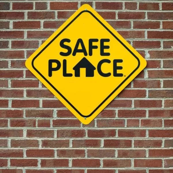 A yellow Safe Place sign on a brick wall